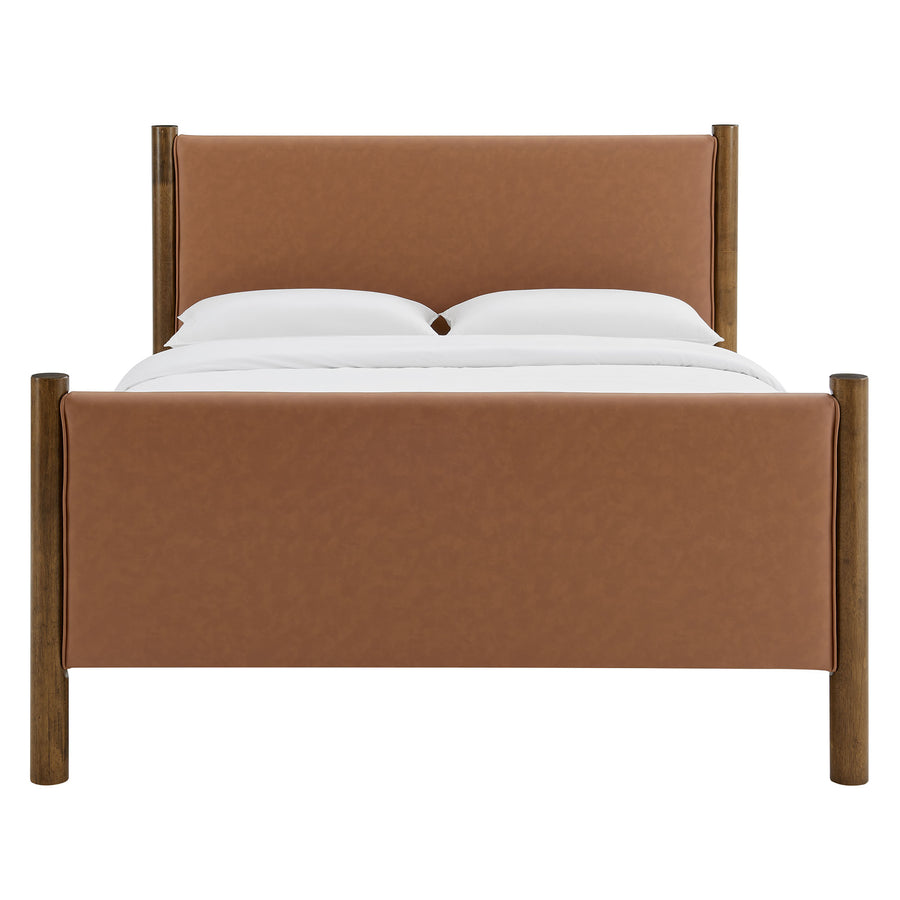 Dahlia King Size Vegan Leather Upholstered Platform Bed in Tan Walnut