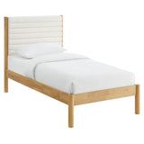 Velvet Channel Tufted Boucle Solid Wood Twin Platform Bed in Feather Oak