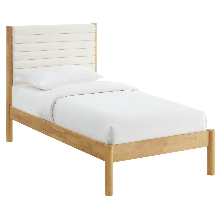 Velvet Channel Tufted Boucle Solid Wood Twin Platform Bed in Feather Oak