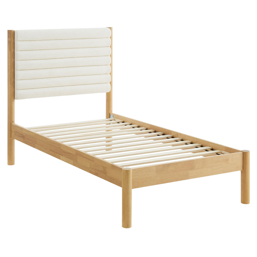 Velvet Channel Tufted Boucle Solid Wood Twin Platform Bed in Feather Oak