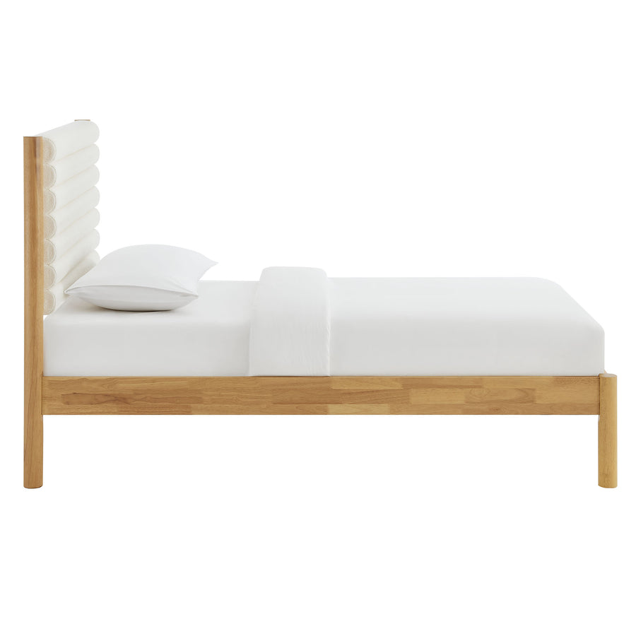 Velvet Channel Tufted Boucle Solid Wood Twin Platform Bed in Feather Oak
