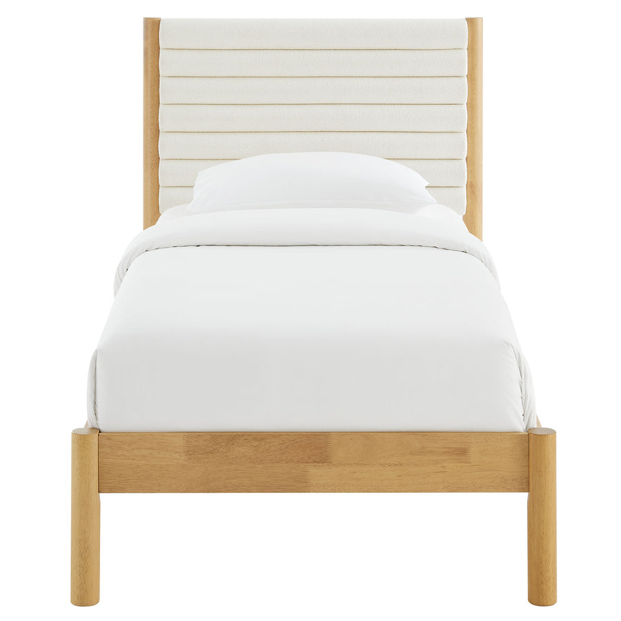 Velvet Channel Tufted Boucle Solid Wood Twin Platform Bed in Feather Oak