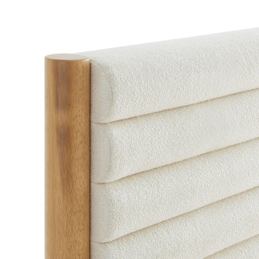 Velvet Channel Tufted Boucle Solid Wood Twin Platform Bed in Feather Oak