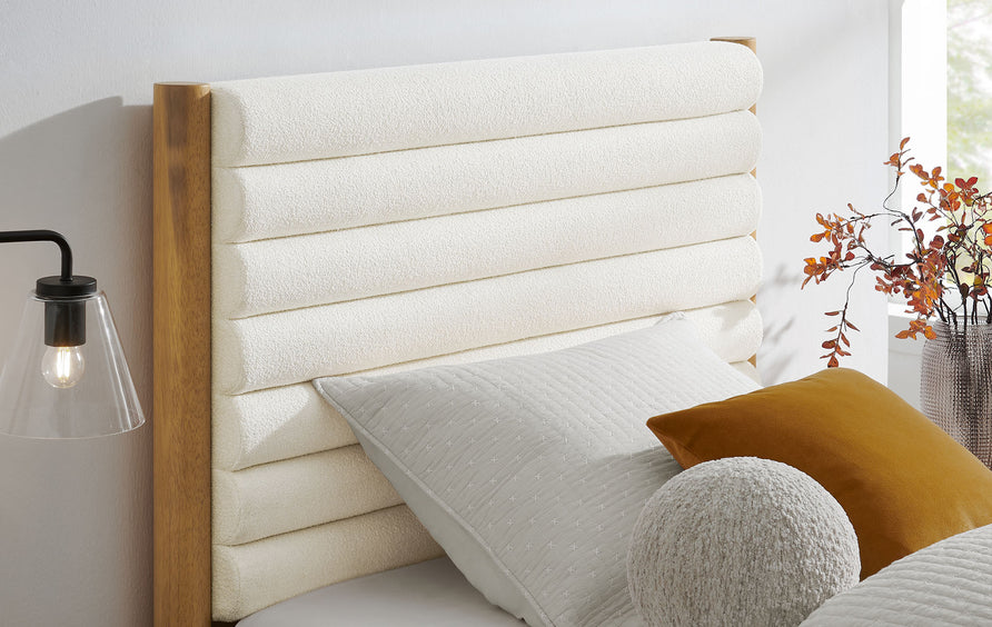 Velvet Channel Tufted Boucle Solid Wood Twin Platform Bed in Feather Oak