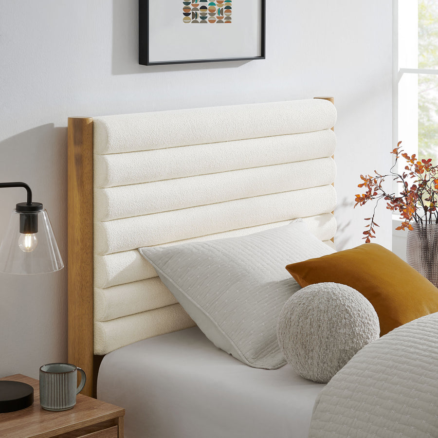 Velvet Channel Tufted Boucle Solid Wood Twin Platform Bed in Feather Oak