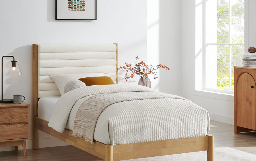 Velvet Channel Tufted Boucle Solid Wood Twin Platform Bed in Feather Oak