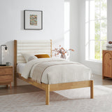 Velvet Channel Tufted Boucle Solid Wood Twin Platform Bed in Feather Oak