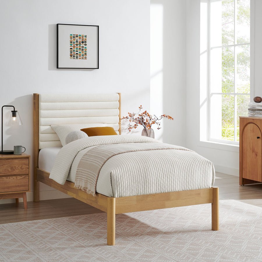Velvet Channel Tufted Boucle Solid Wood Twin Platform Bed in Feather Oak