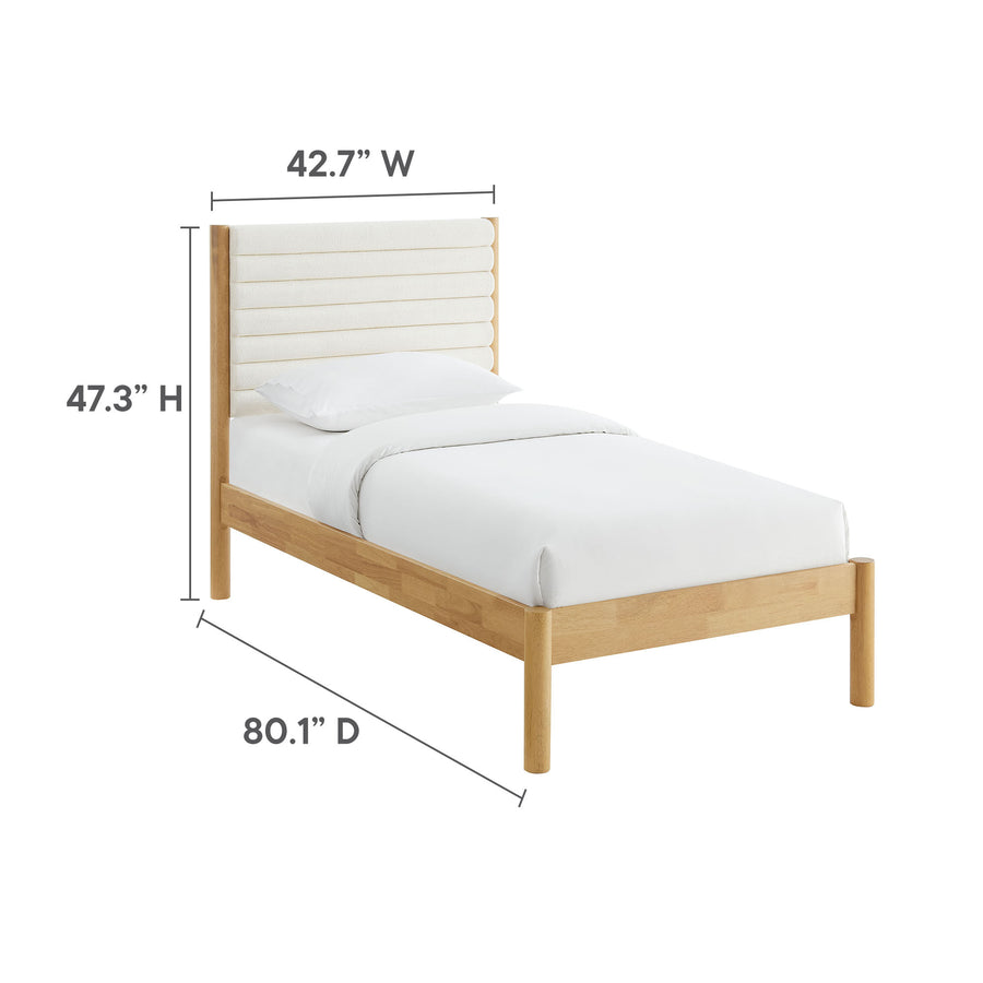Velvet Channel Tufted Boucle Solid Wood Twin Platform Bed in Feather Oak