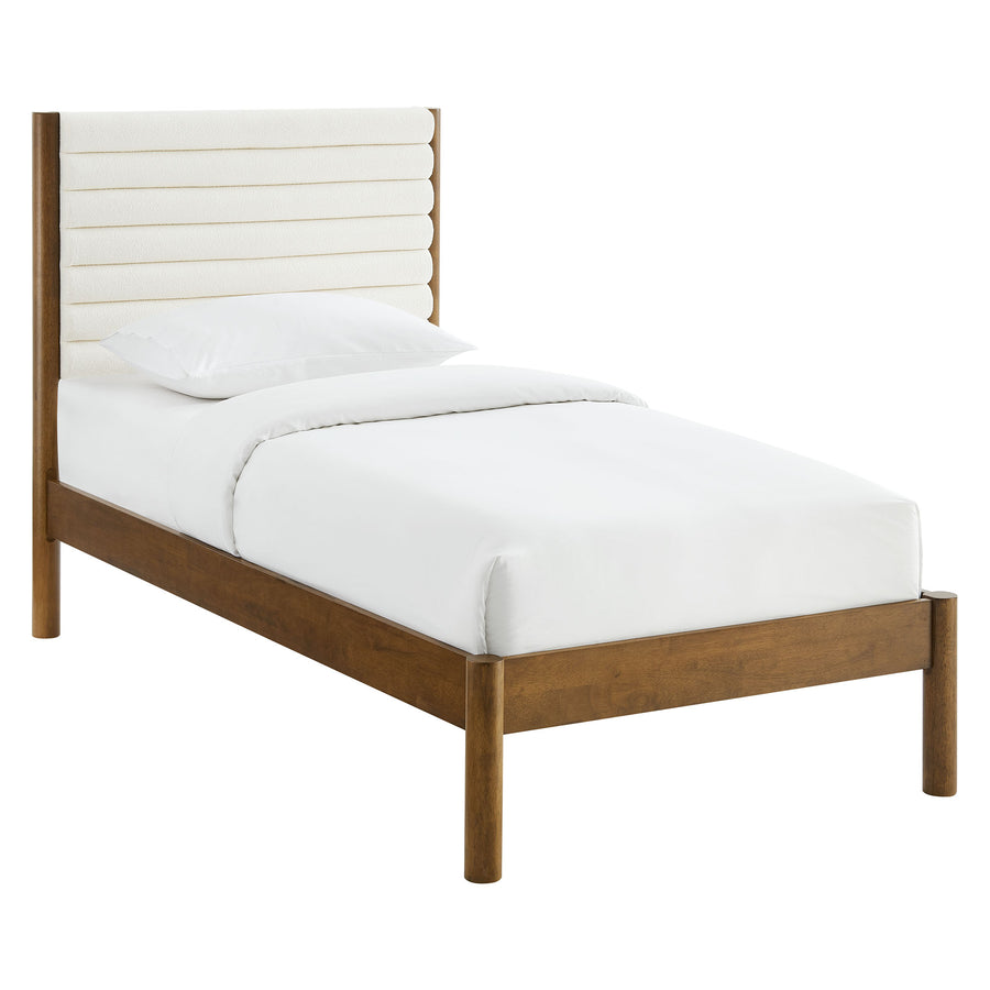 Velvet Channel Tufted Boucle Solid Wood Twin Platform Bed in Feather Walnut