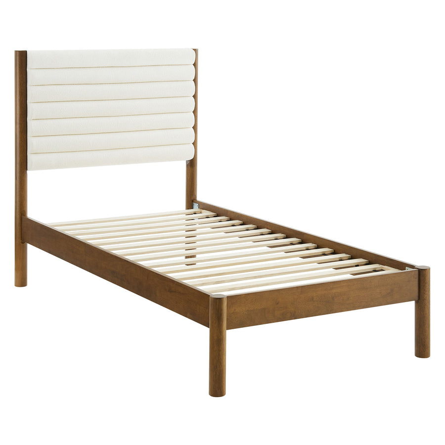 Velvet Channel Tufted Boucle Solid Wood Twin Platform Bed in Feather Walnut