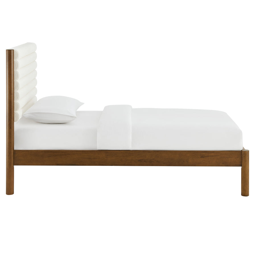 Velvet Channel Tufted Boucle Solid Wood Twin Platform Bed in Feather Walnut