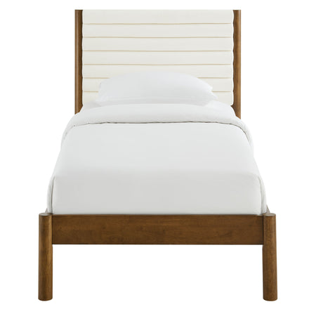 Olea Channel Tufted Boucle Solid Wood Twin Platform Bed in Feather Walnut