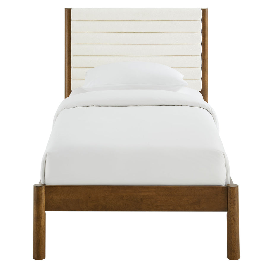 Velvet Channel Tufted Boucle Solid Wood Twin Platform Bed in Feather Walnut