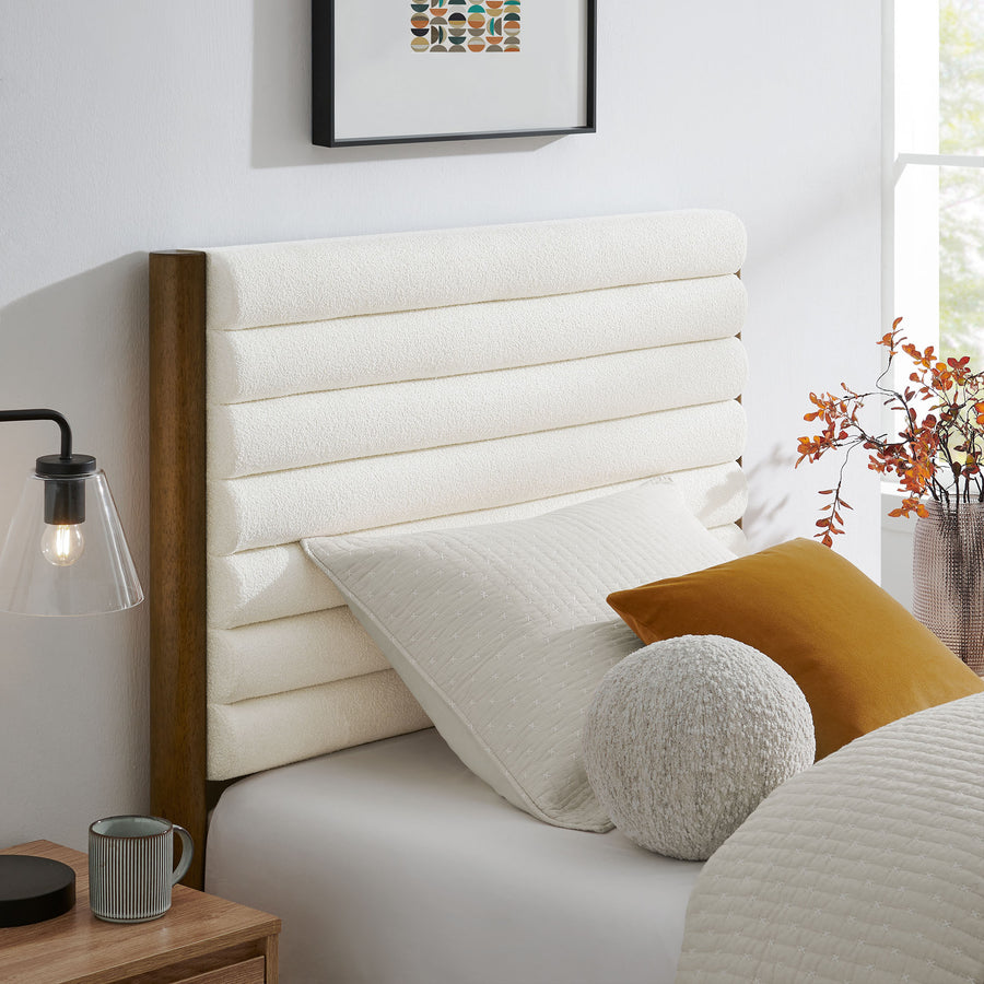 Velvet Channel Tufted Boucle Solid Wood Twin Platform Bed in Feather Walnut