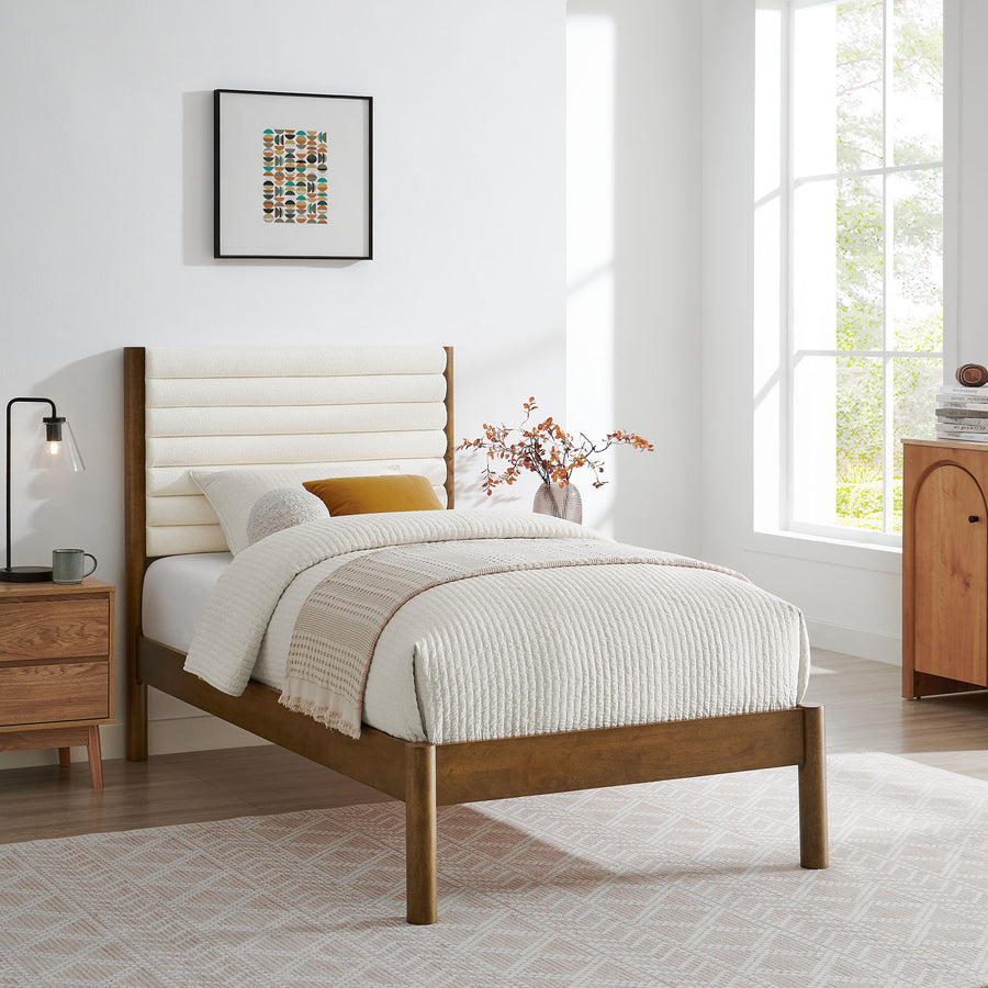 Velvet Channel Tufted Boucle Solid Wood Twin Platform Bed in Feather Walnut