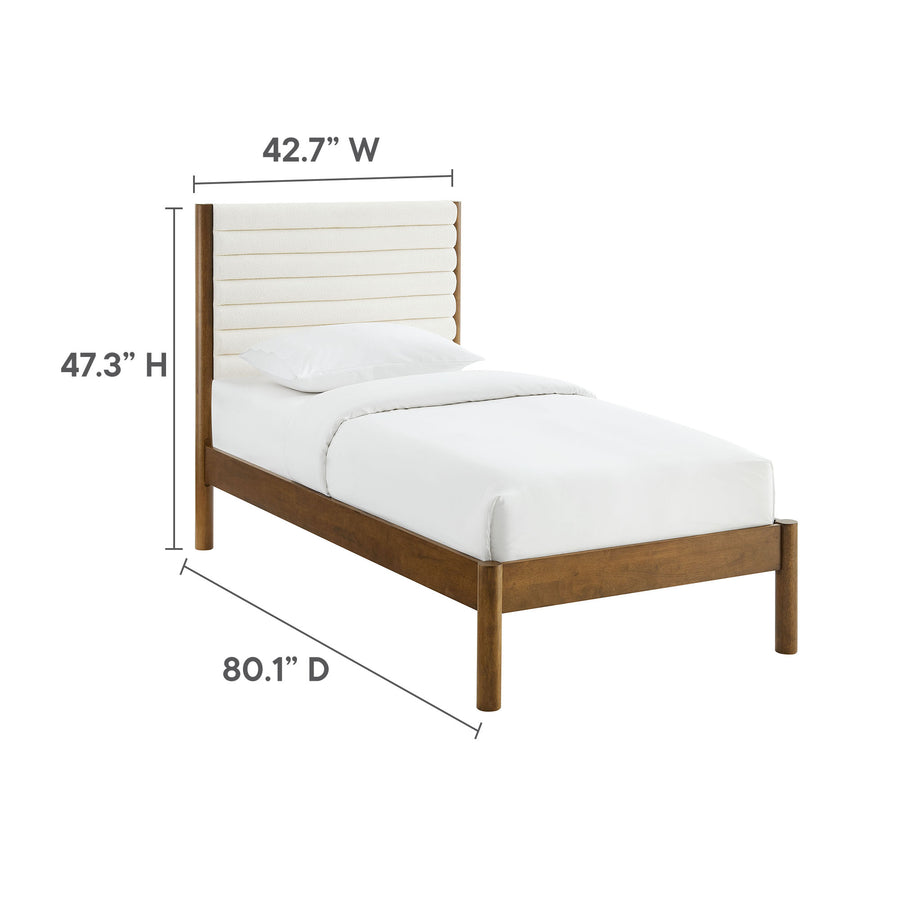 Velvet Channel Tufted Boucle Solid Wood Twin Platform Bed in Feather Walnut