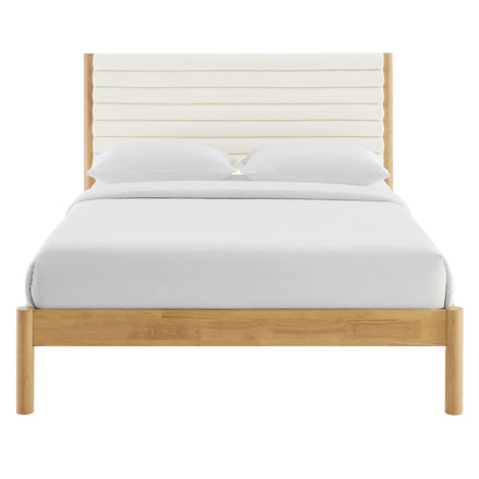 Olea Channel Tufted Boucle Solid Wood Queen Platform Bed in Feather Oak