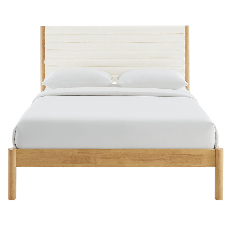 Velvet Channel Tufted Boucle Solid Wood Queen Platform Bed in Feather Oak