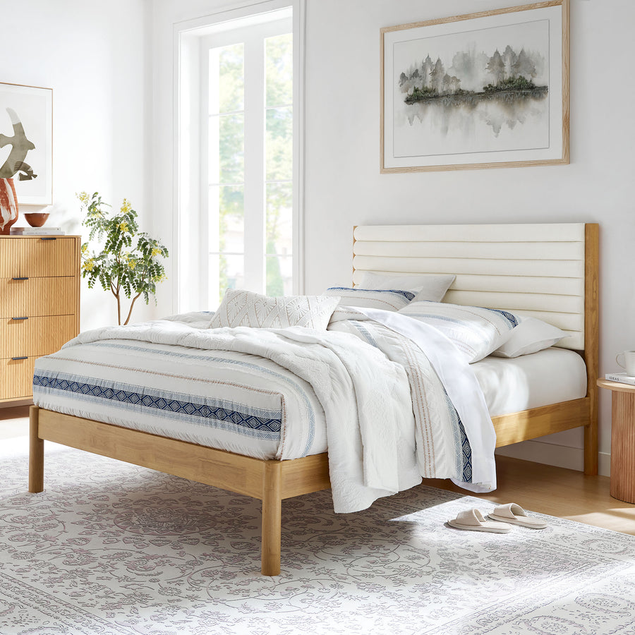 Velvet Channel Tufted Boucle Solid Wood Queen Platform Bed in Feather Oak