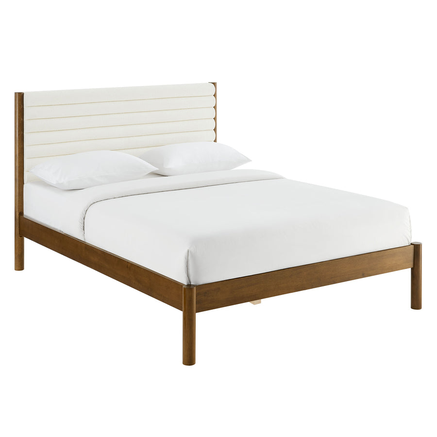 Velvet Channel Tufted Boucle Solid Wood Queen Platform Bed in Feather Walnut