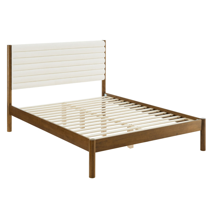 Velvet Channel Tufted Boucle Solid Wood Queen Platform Bed in Feather Walnut