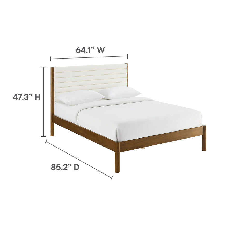 Velvet Channel Tufted Boucle Solid Wood Queen Platform Bed in Feather Walnut