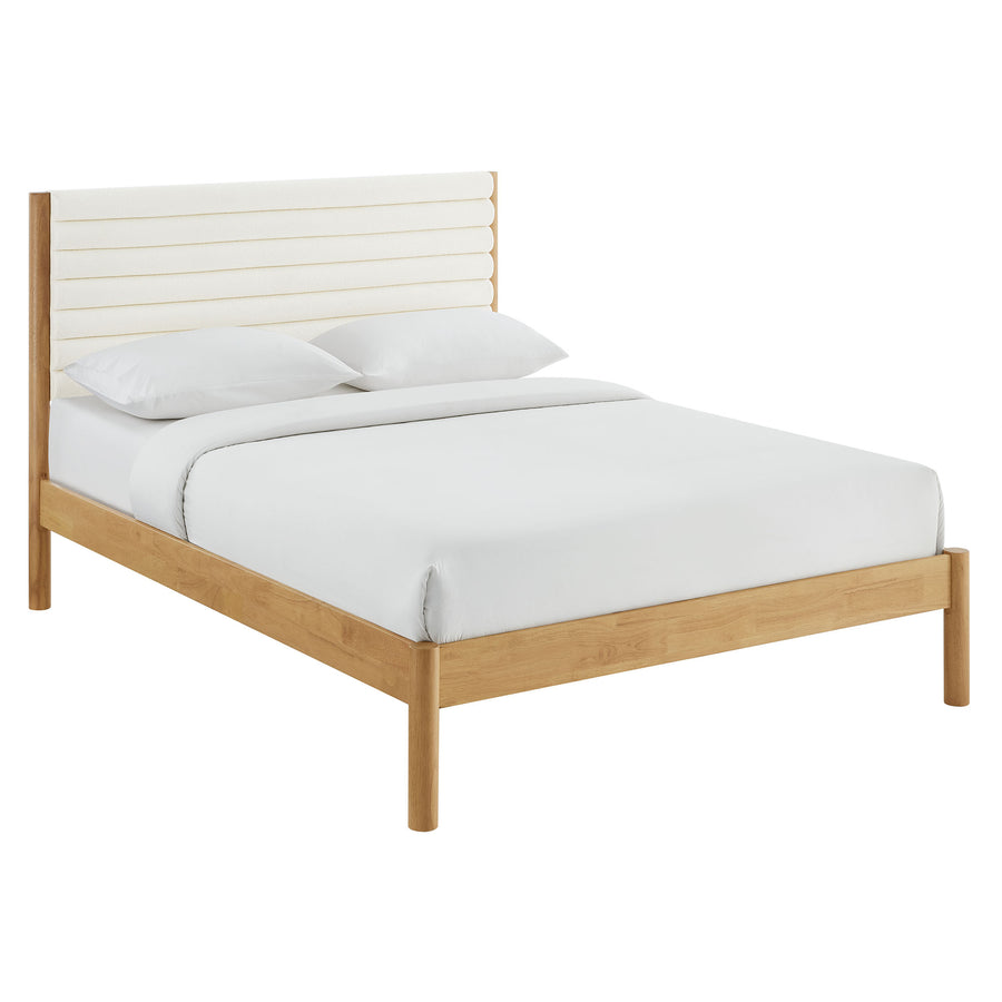 Velvet Channel Tufted Boucle Solid Wood King Platform Bed in Feather Oak
