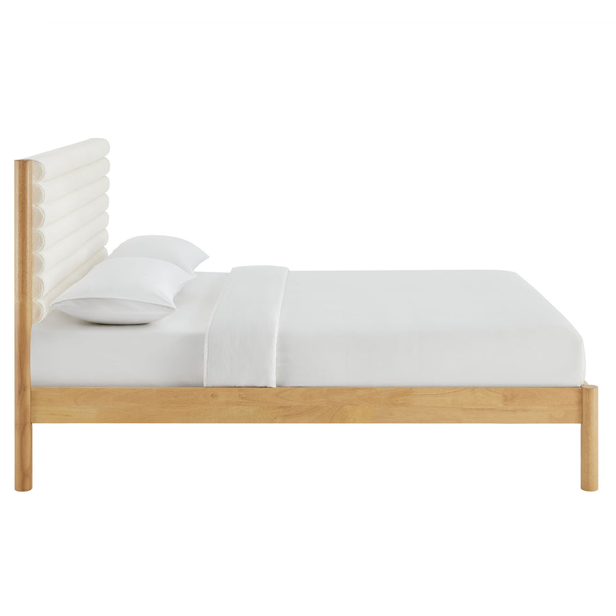 Velvet Channel Tufted Boucle Solid Wood King Platform Bed in Feather Oak