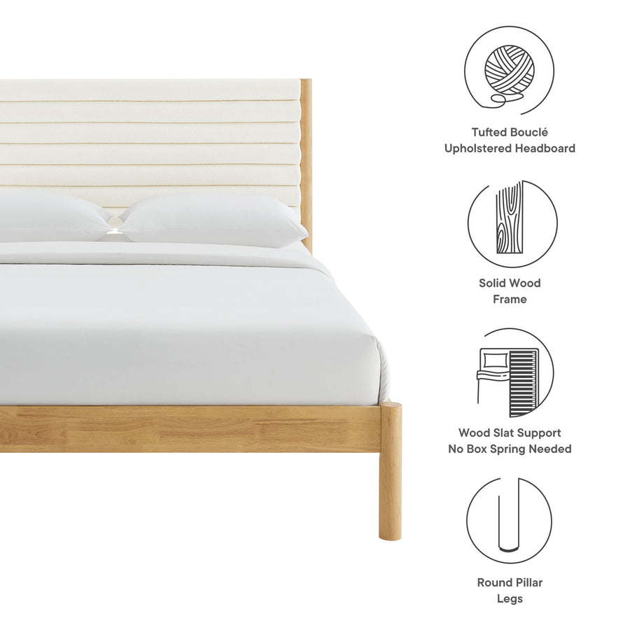 Velvet Channel Tufted Boucle Solid Wood King Platform Bed in Feather Oak