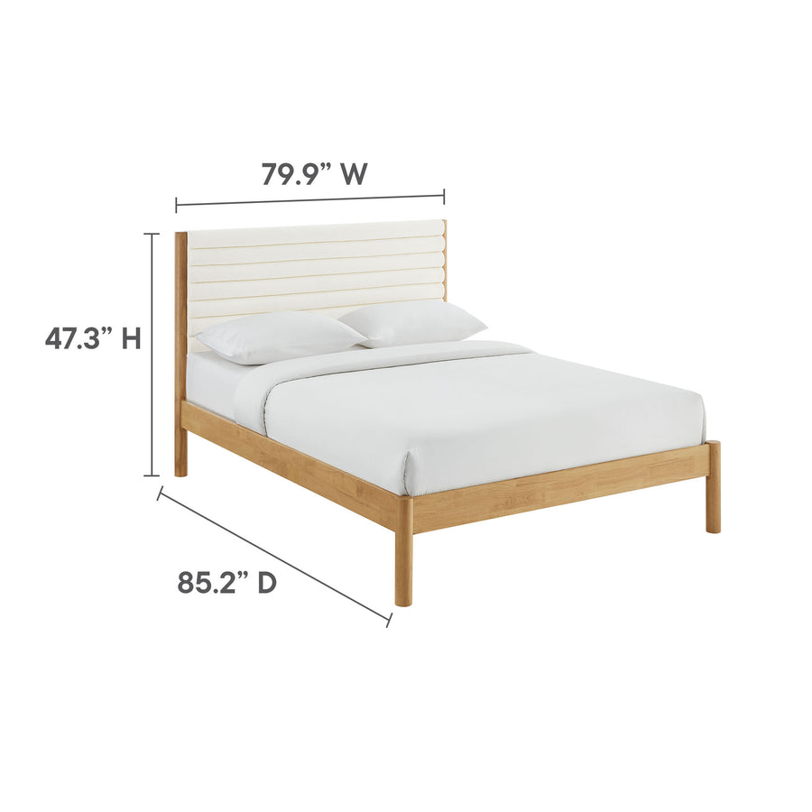 Velvet Channel Tufted Boucle Solid Wood King Platform Bed in Feather Oak