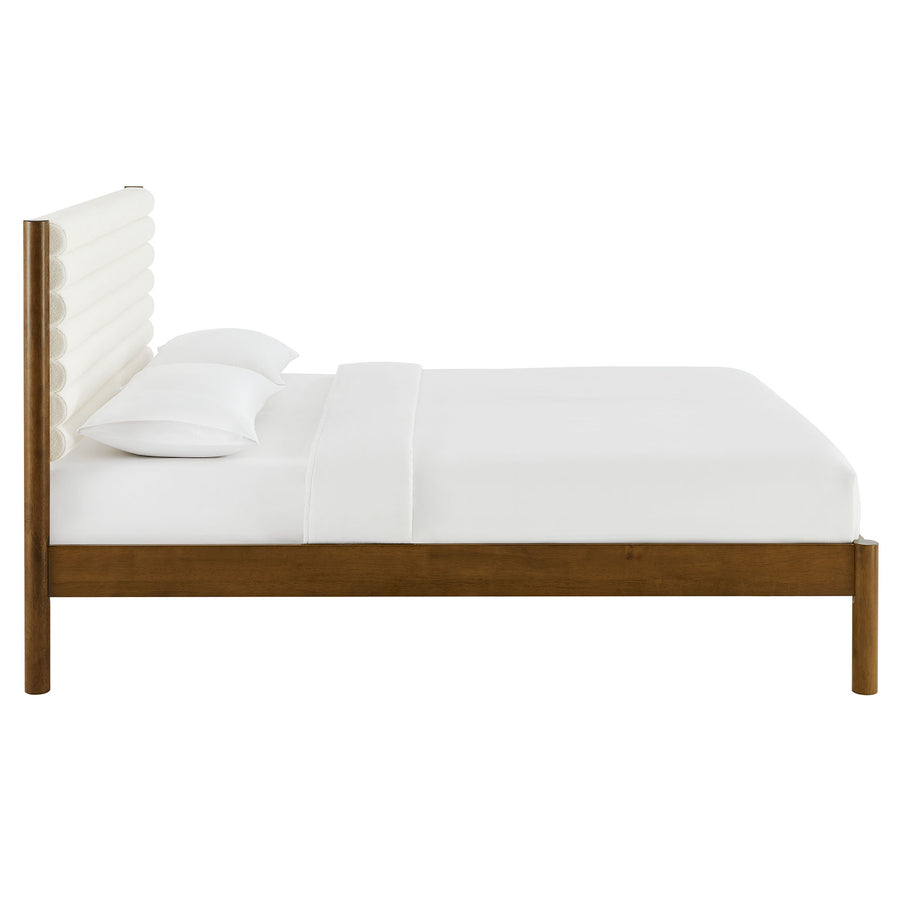 Velvet Channel Tufted Boucle Solid Wood King Platform Bed in Feather Walnut