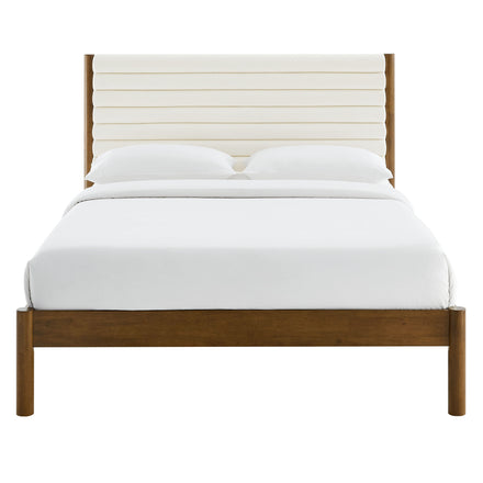 Olea Channel Tufted Boucle Solid Wood King Platform Bed in Feather Walnut