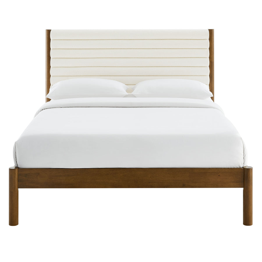 Velvet Channel Tufted Boucle Solid Wood King Platform Bed in Feather Walnut