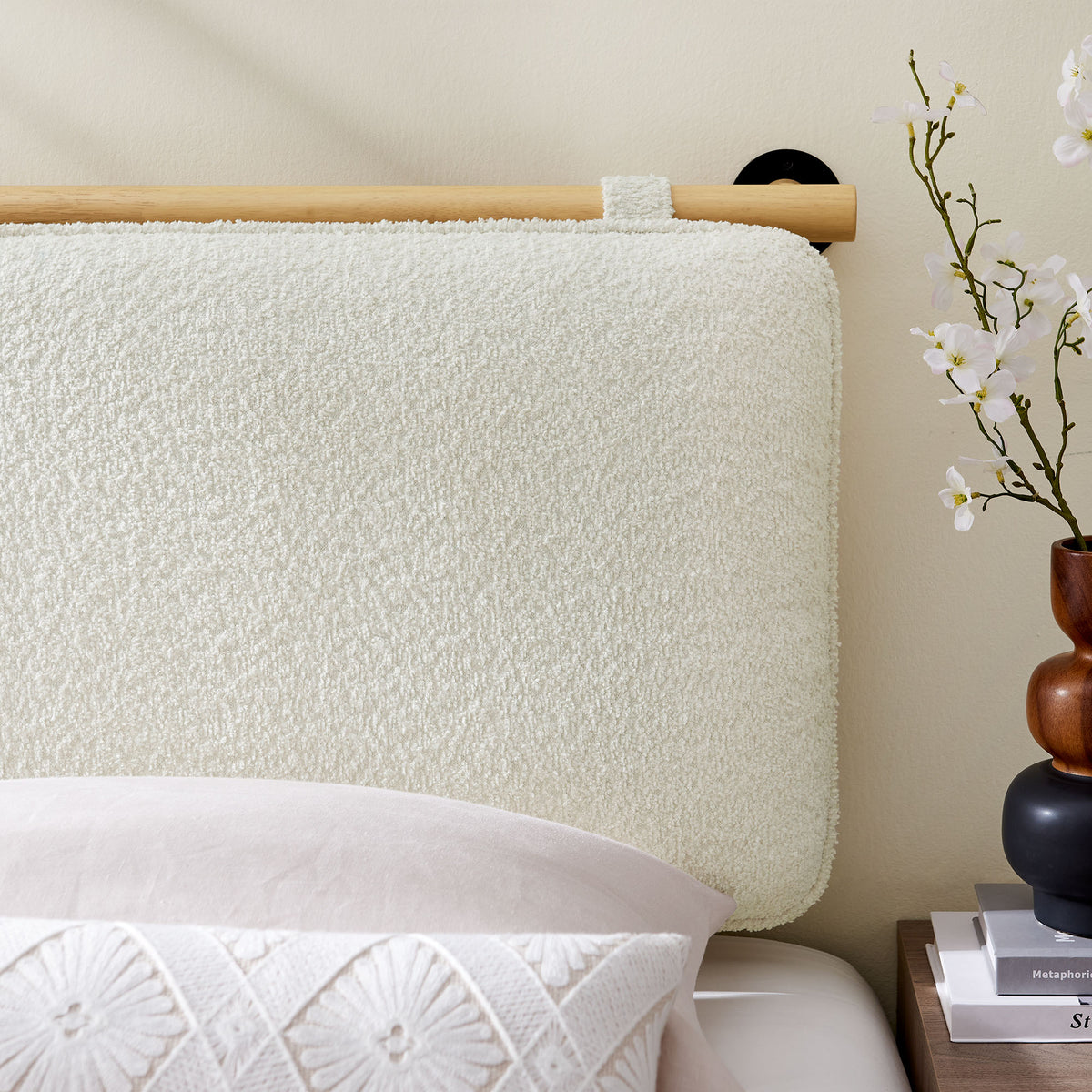 Anela Wall-Mounted Chenille Upholstered Twin Headboard in Cream Natural