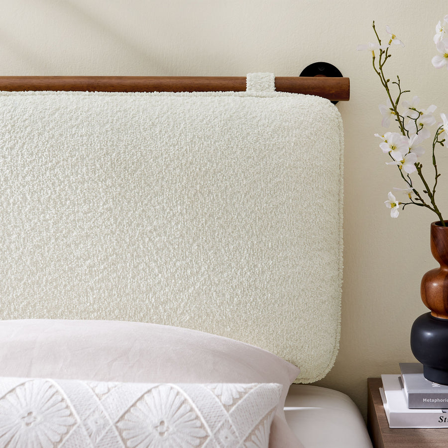Lodge Wall-Mounted Chenille Upholstered Twin Headboard in Cream Walnut