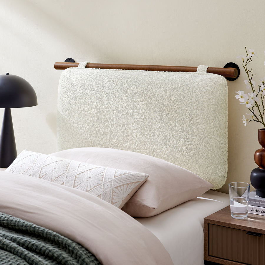 Lodge Wall-Mounted Chenille Upholstered Twin Headboard in Cream Walnut