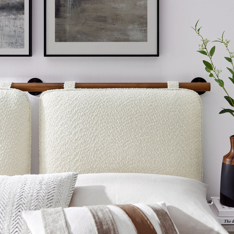 Lodge Wall-Mounted Chenille Upholstered Queen Headboard in Cream Walnut