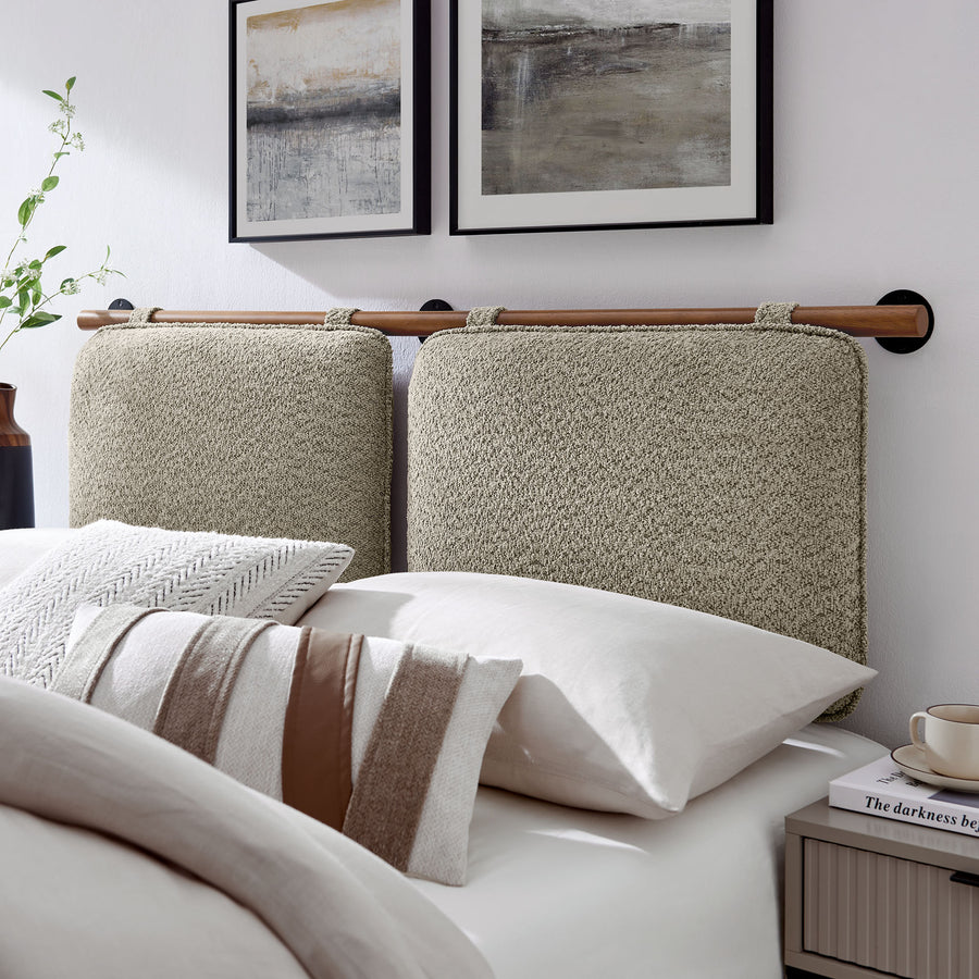 Lodge Wall-Mounted Chenille Upholstered Queen Headboard in Oatmeal Walnut