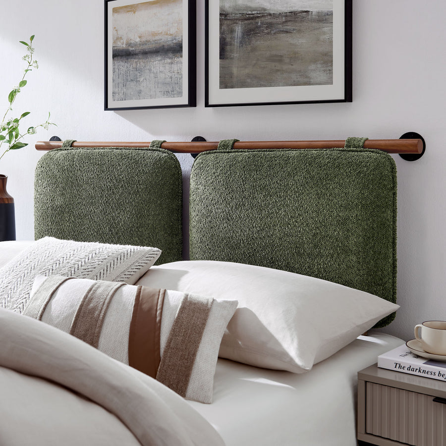 Lodge Wall-Mounted Chenille Upholstered Queen Headboard in Sage Walnut