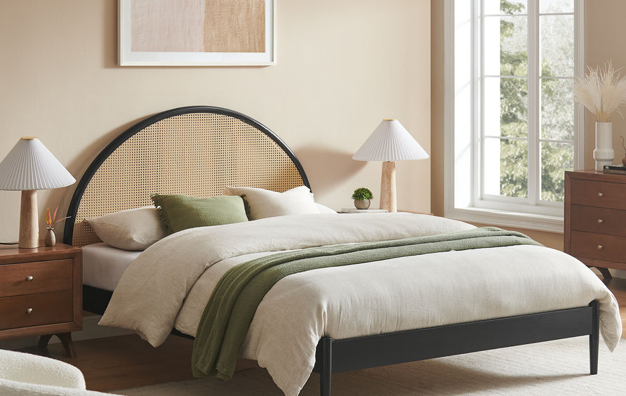 Senja Queen Arched Rattan Cane Platform Bed in Black
