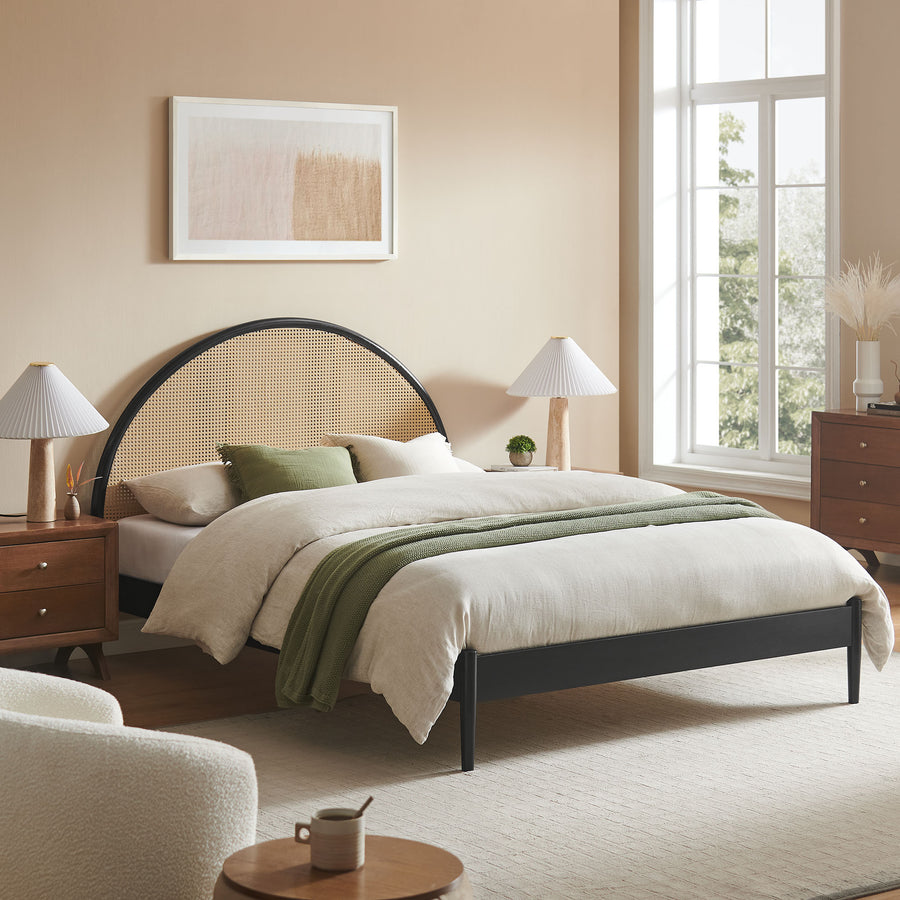 Senja Queen Arched Rattan Cane Platform Bed in Black