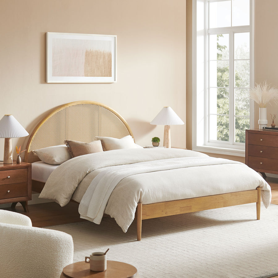 Senja Queen Arched Rattan Cane Platform Bed in Oak