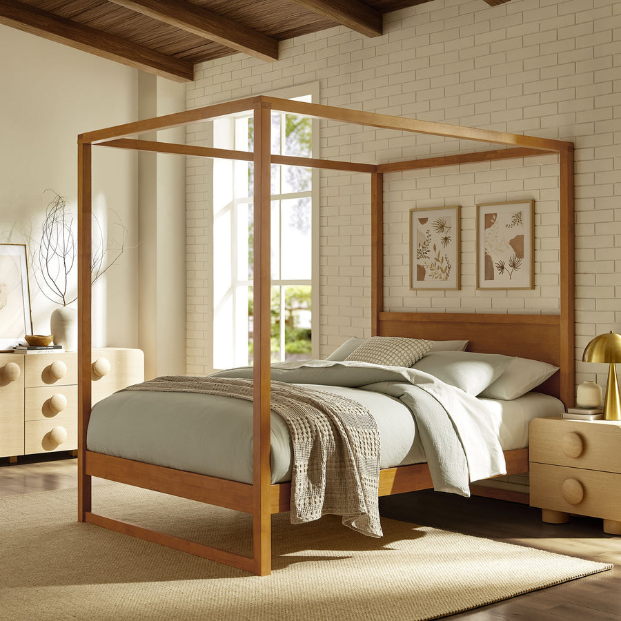 Boreas Queen Wood Canopy Platform Bed in Oak