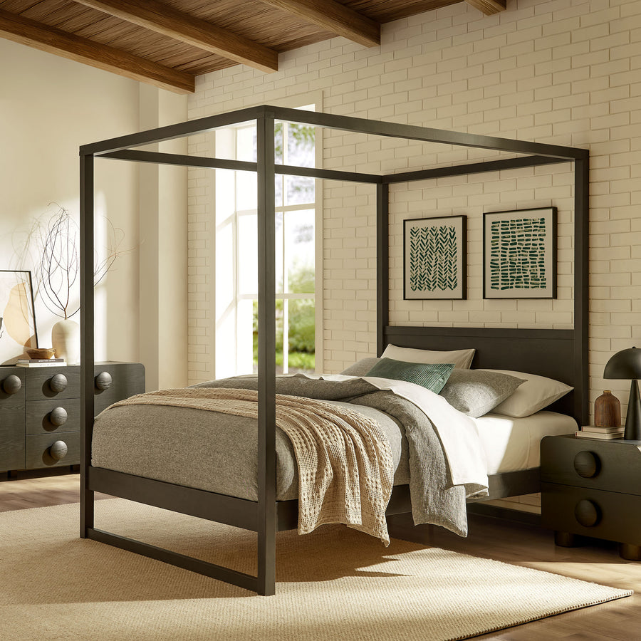 Boreas King Wood Canopy Platform Bed in Smoked Oak