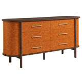 Verdant Curved 6-Drawer Vegan Leather Oval Dresser in Walnut Tan