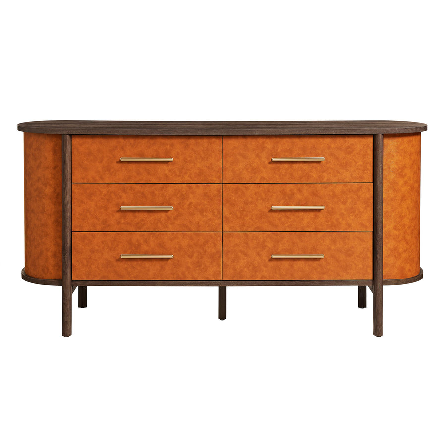 Verdant Curved 6-Drawer Vegan Leather Oval Dresser in Walnut Tan
