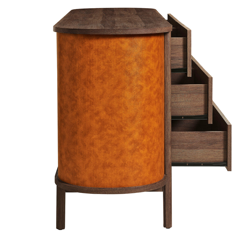 Verdant Curved 6-Drawer Vegan Leather Oval Dresser in Walnut Tan