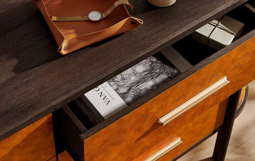 Verdant Curved 6-Drawer Vegan Leather Oval Dresser in Walnut Tan