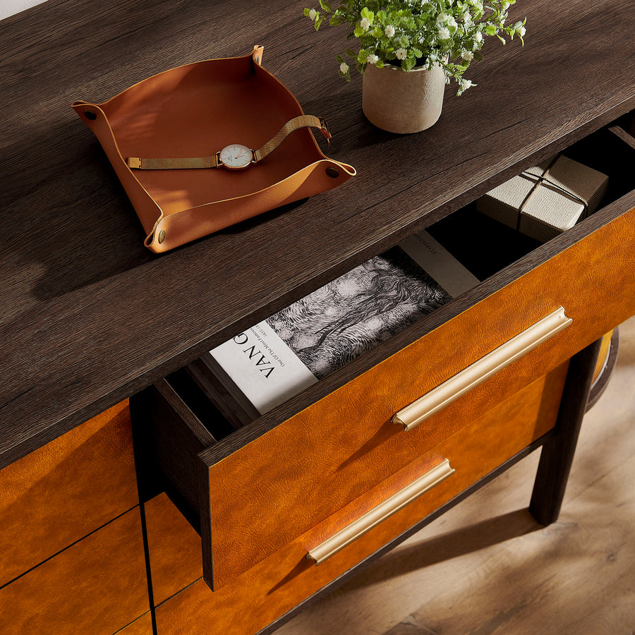 Verdant Curved 6-Drawer Vegan Leather Oval Dresser in Walnut Tan